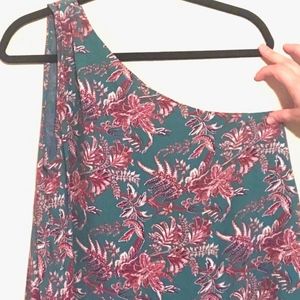 LOFT Teal and Pink Floral One-Shoulder Blouse